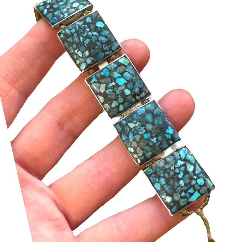 Vintage silver rustic Turquoise stone square handmade Mosaic Bracelet